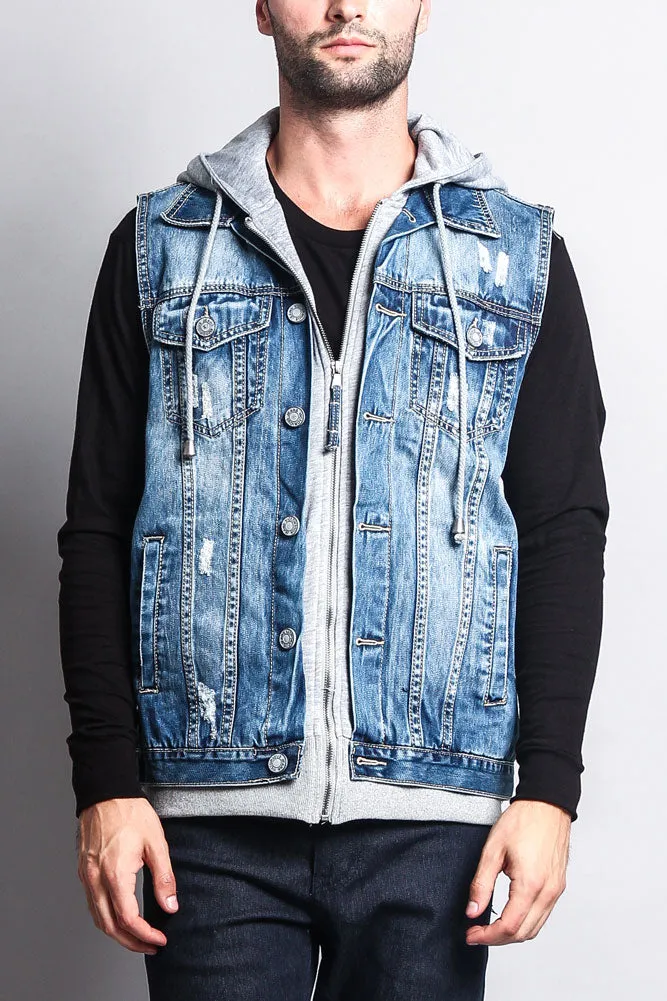 Layered Hooded Denim Vest