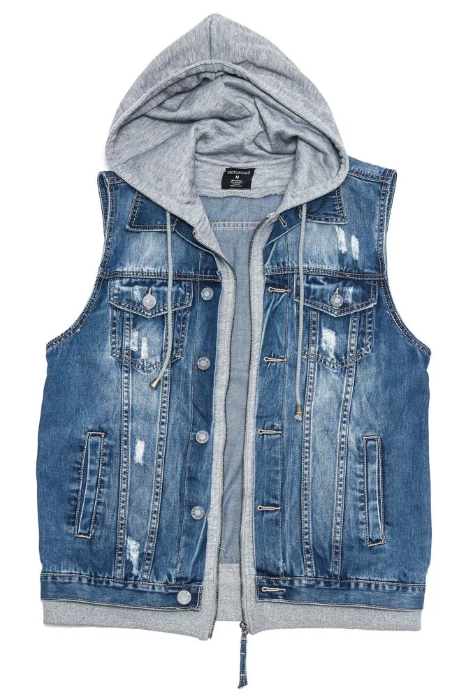 Layered Hooded Denim Vest