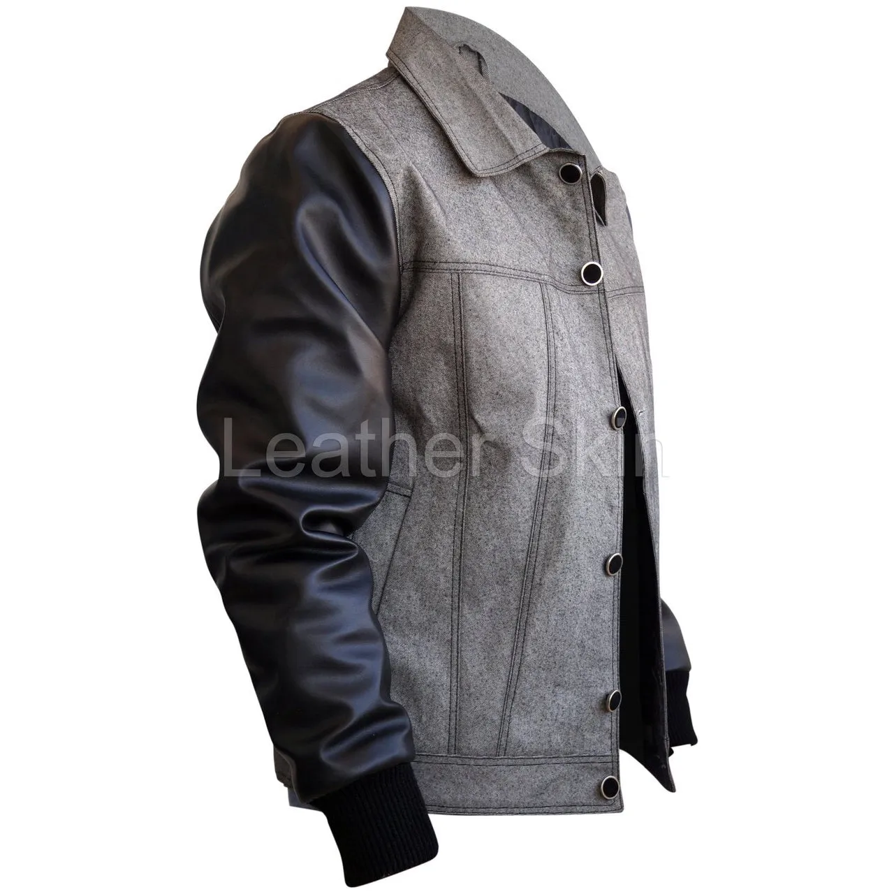 Leather Skin Men Denim Gray Grey Jacket with Black Leather Sleeves