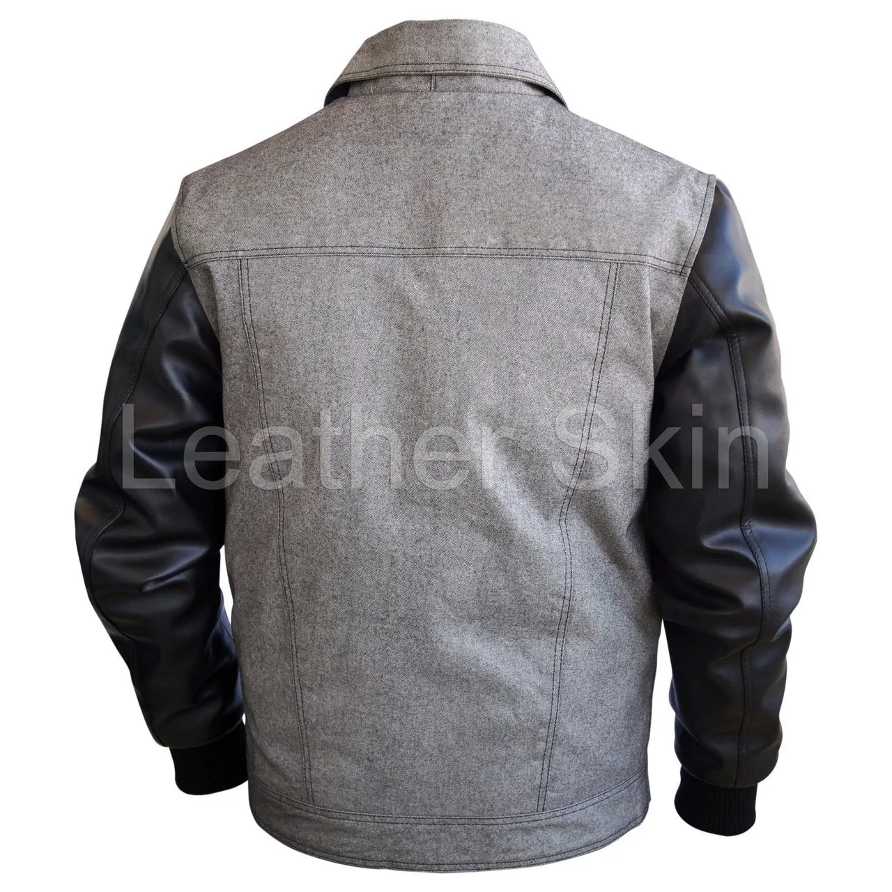 Leather Skin Men Denim Gray Grey Jacket with Black Leather Sleeves