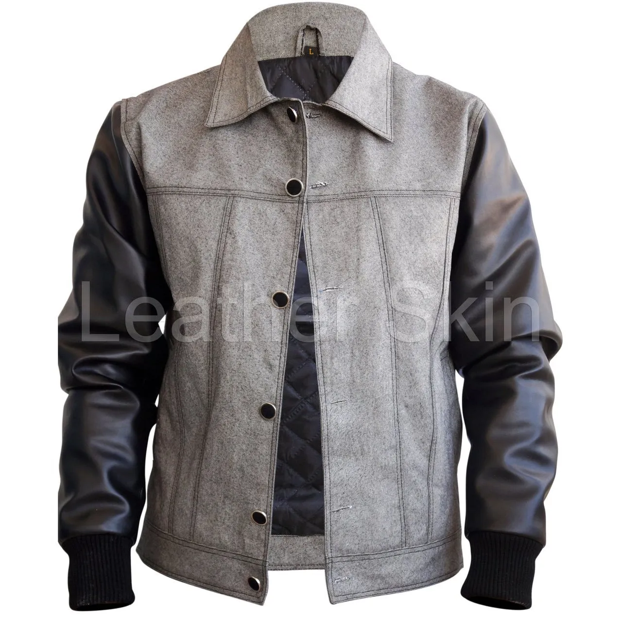 Leather Skin Men Denim Gray Grey Jacket with Black Leather Sleeves