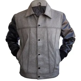 Leather Skin Men Denim Gray Grey Jacket with Black Leather Sleeves