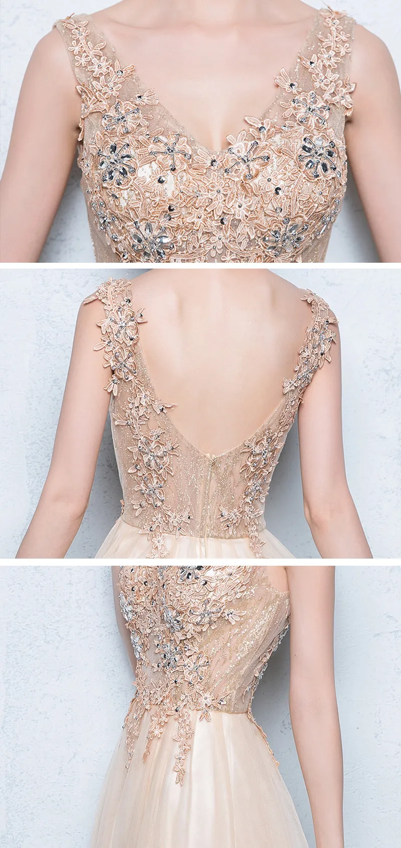 Long A-line Sleeveless V-neck Pretty Lace Appliques Beading Sequins Prom Dresses,PD00007