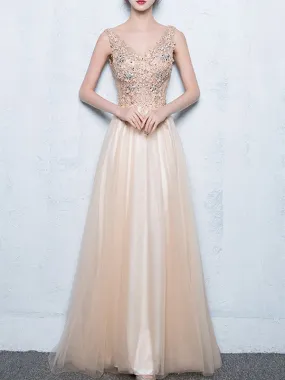 Long A-line Sleeveless V-neck Pretty Lace Appliques Beading Sequins Prom Dresses,PD00007