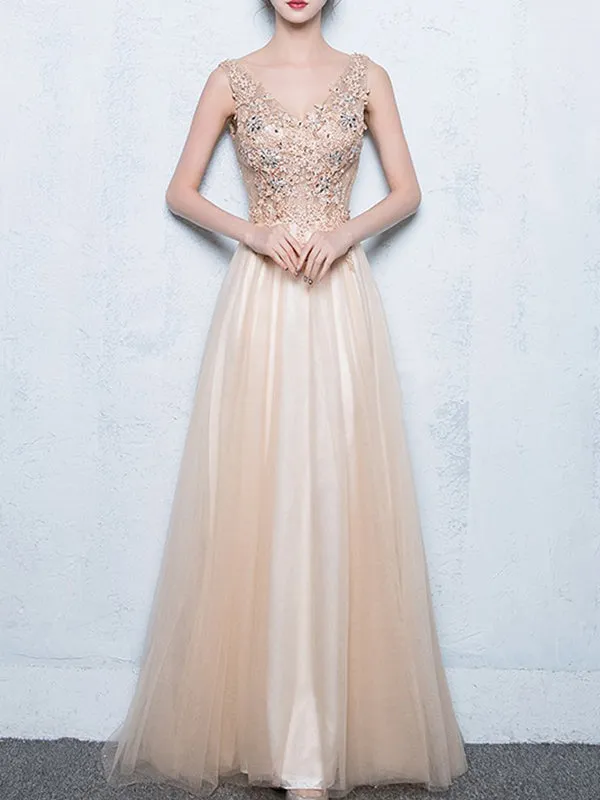 Long A-line Sleeveless V-neck Pretty Lace Appliques Beading Sequins Prom Dresses,PD00007