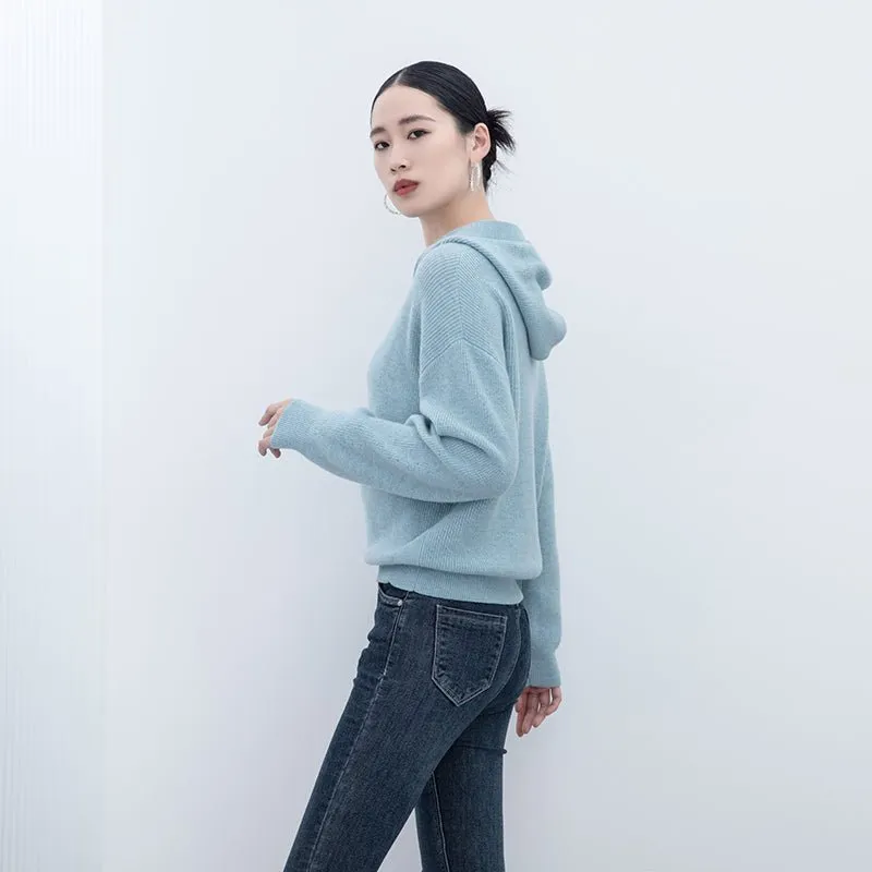 Mist Blue Long Sleeve Wool Hoodie Sweater