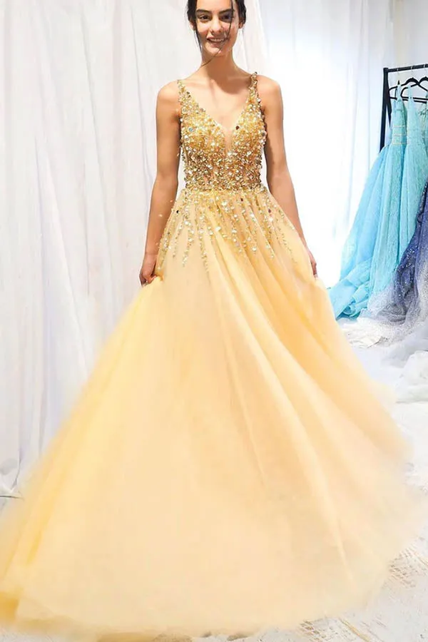 New Arrival Tulle Beaded Yellow A-line V-neck Floor Length Long Prom Dress, SP566