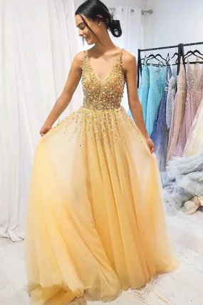 New Arrival Tulle Beaded Yellow A-line V-neck Floor Length Long Prom Dress, SP566