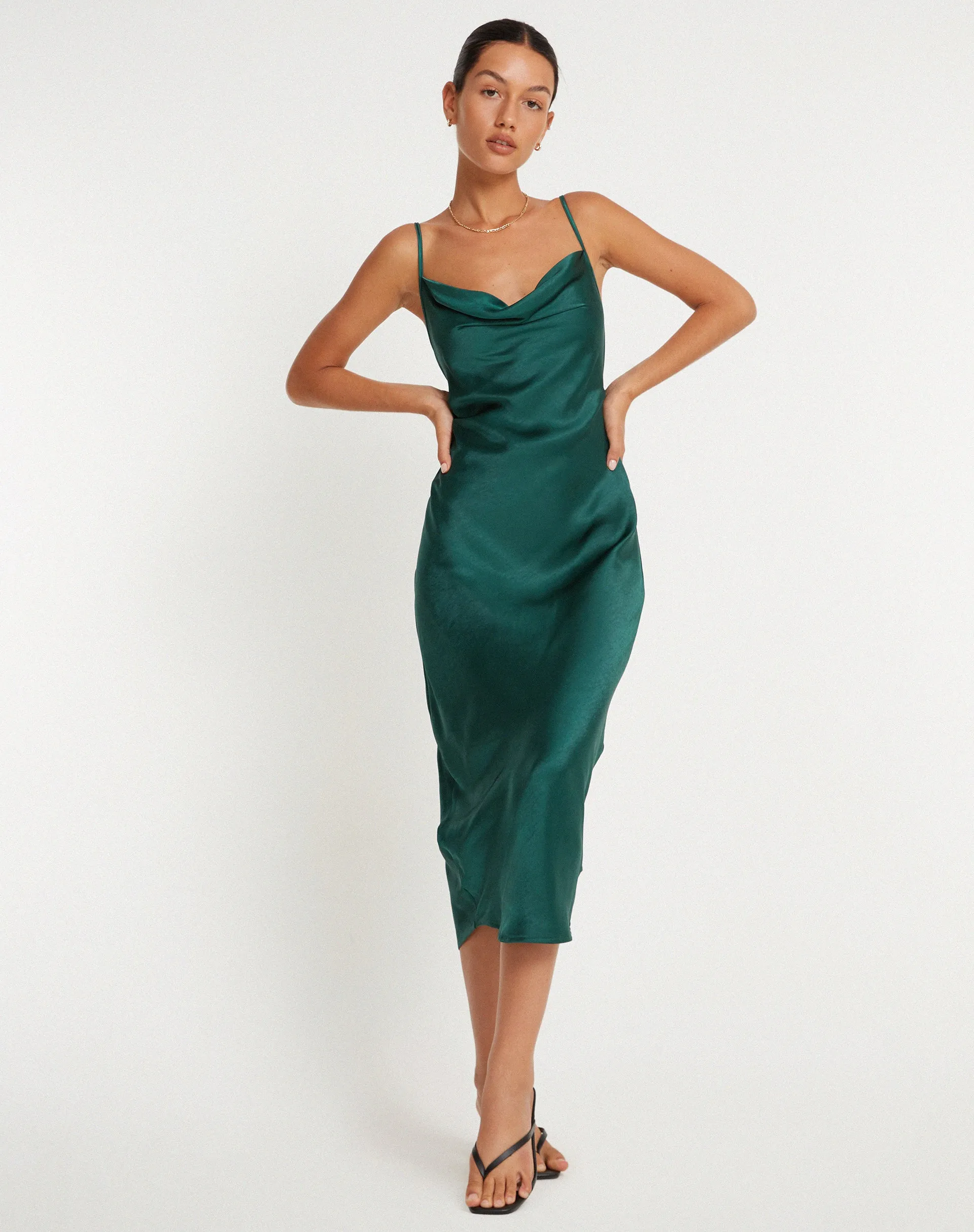 Palasha Midi Dress in Satin Forest Green