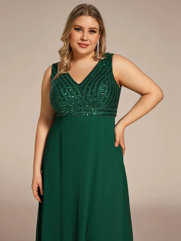 Plus-Sleeveless VNeck Sequin & Chiffon Evening Dress