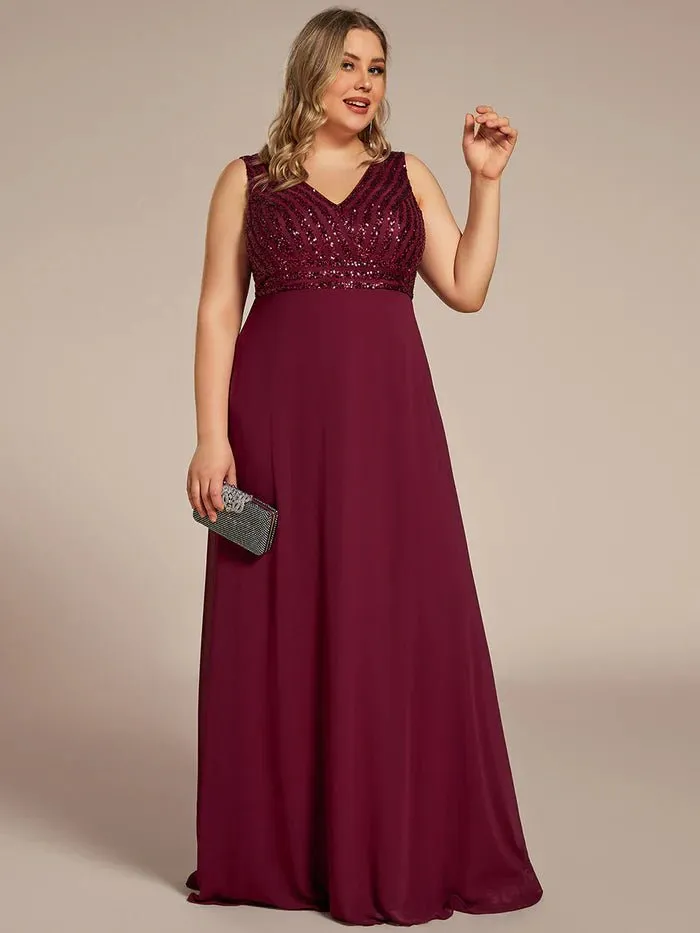 Plus-Sleeveless VNeck Sequin & Chiffon Evening Dress