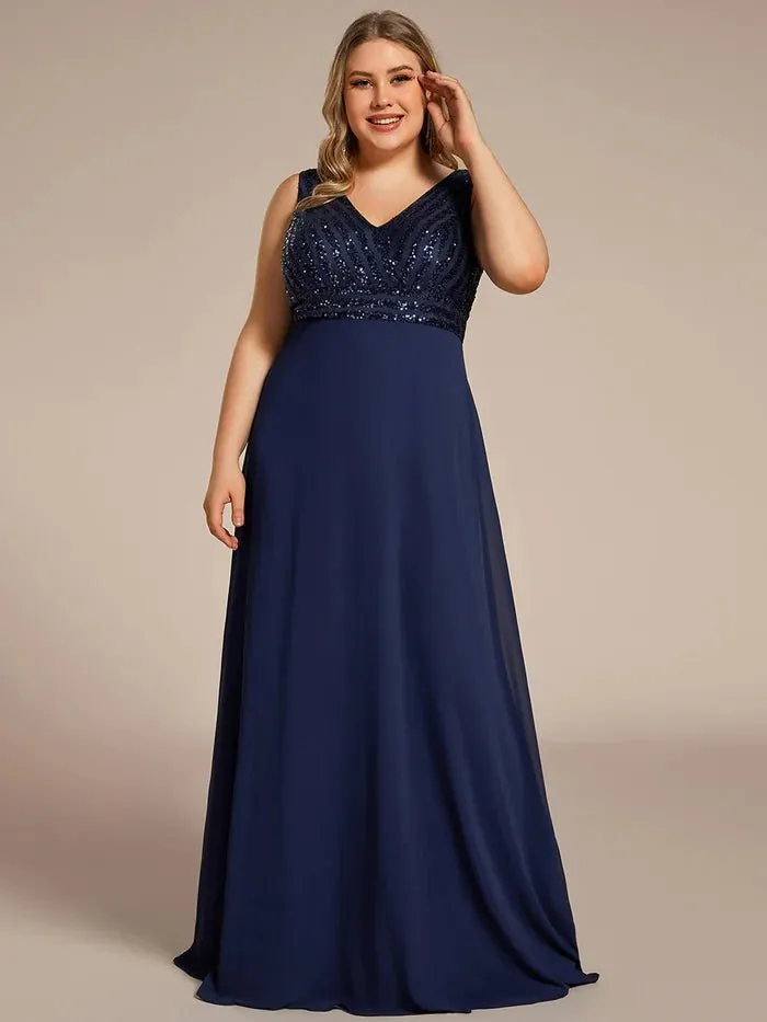 Plus-Sleeveless VNeck Sequin & Chiffon Evening Dress