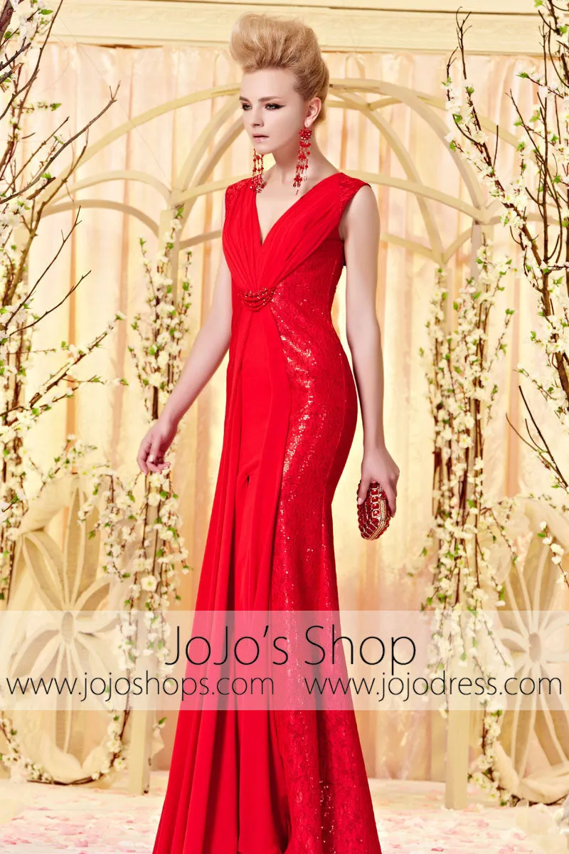 Red Fit and Flare V Neck Keyhole Evening Dress with Slit CX830356