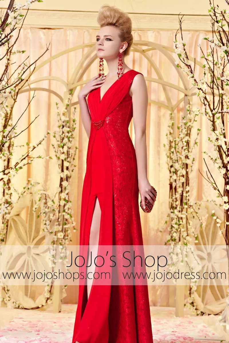 Red Fit and Flare V Neck Keyhole Evening Dress with Slit CX830356