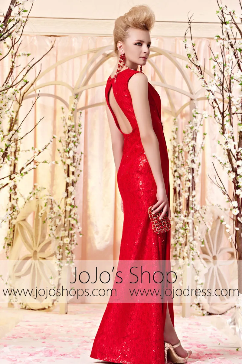 Red Fit and Flare V Neck Keyhole Evening Dress with Slit CX830356