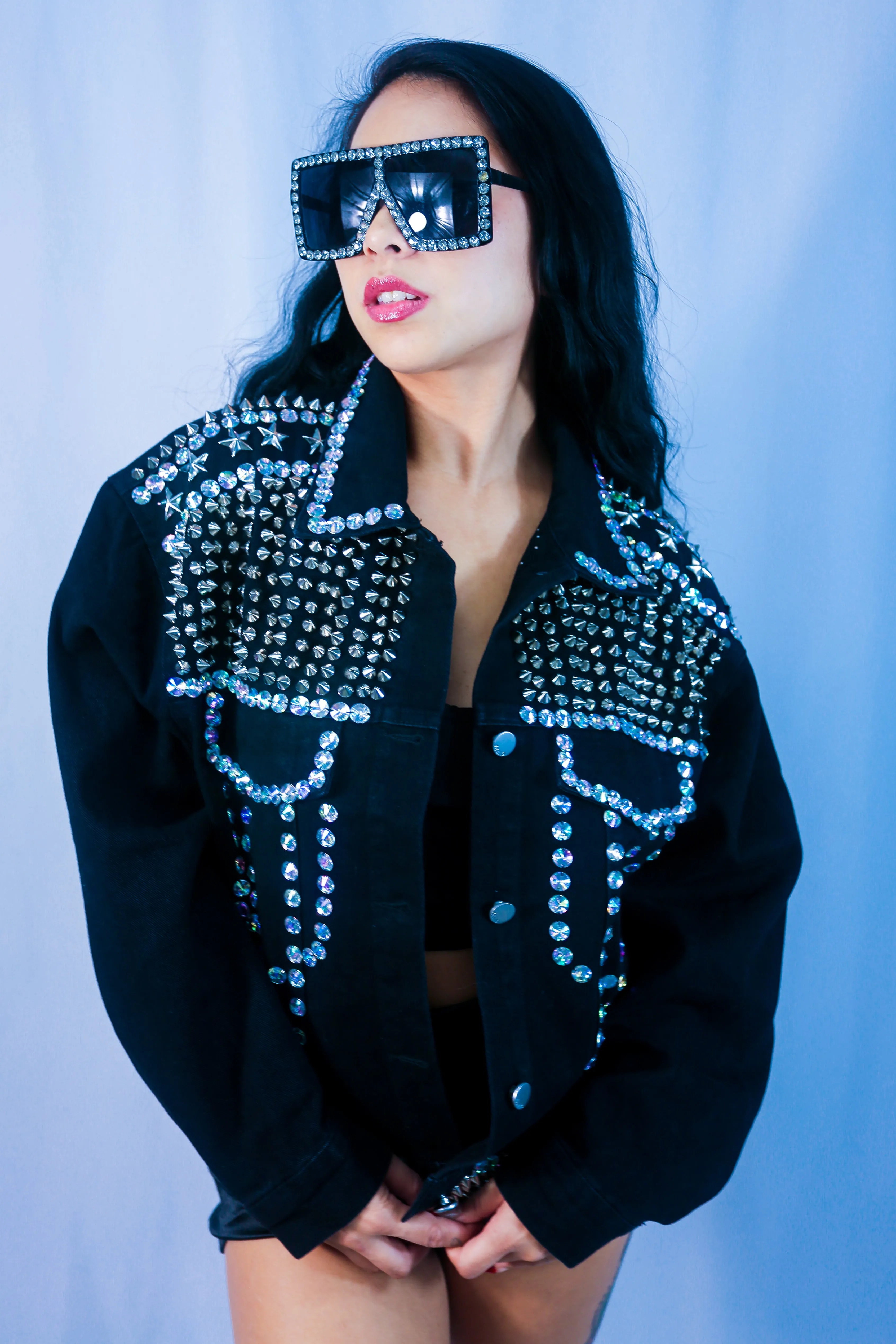 Rhinestone Rocker Denim Jacket - Black