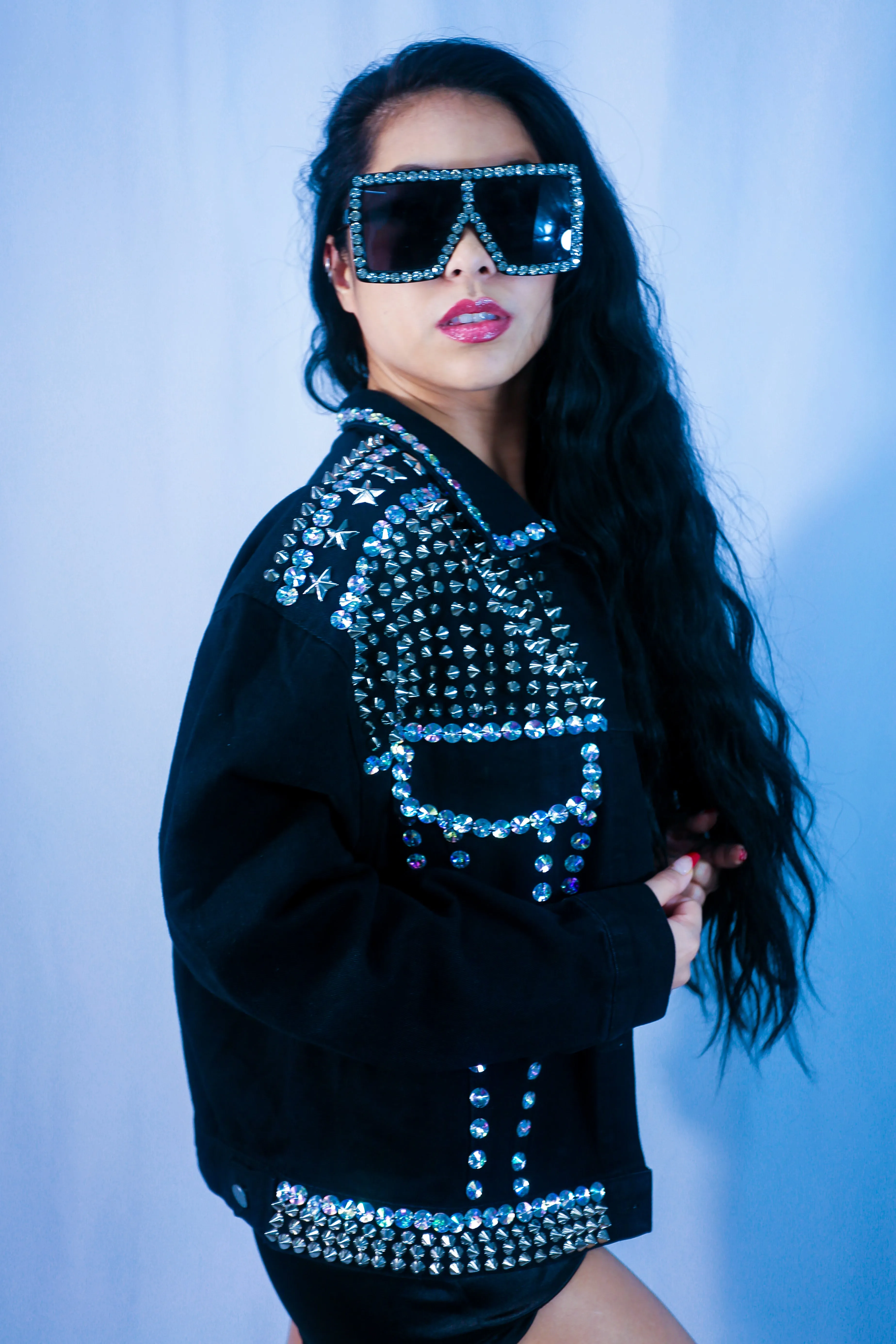 Rhinestone Rocker Denim Jacket - Black