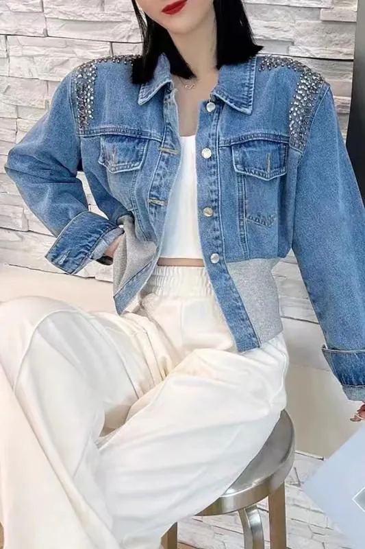 RHINESTONES CONTRAST DENIM JACKET