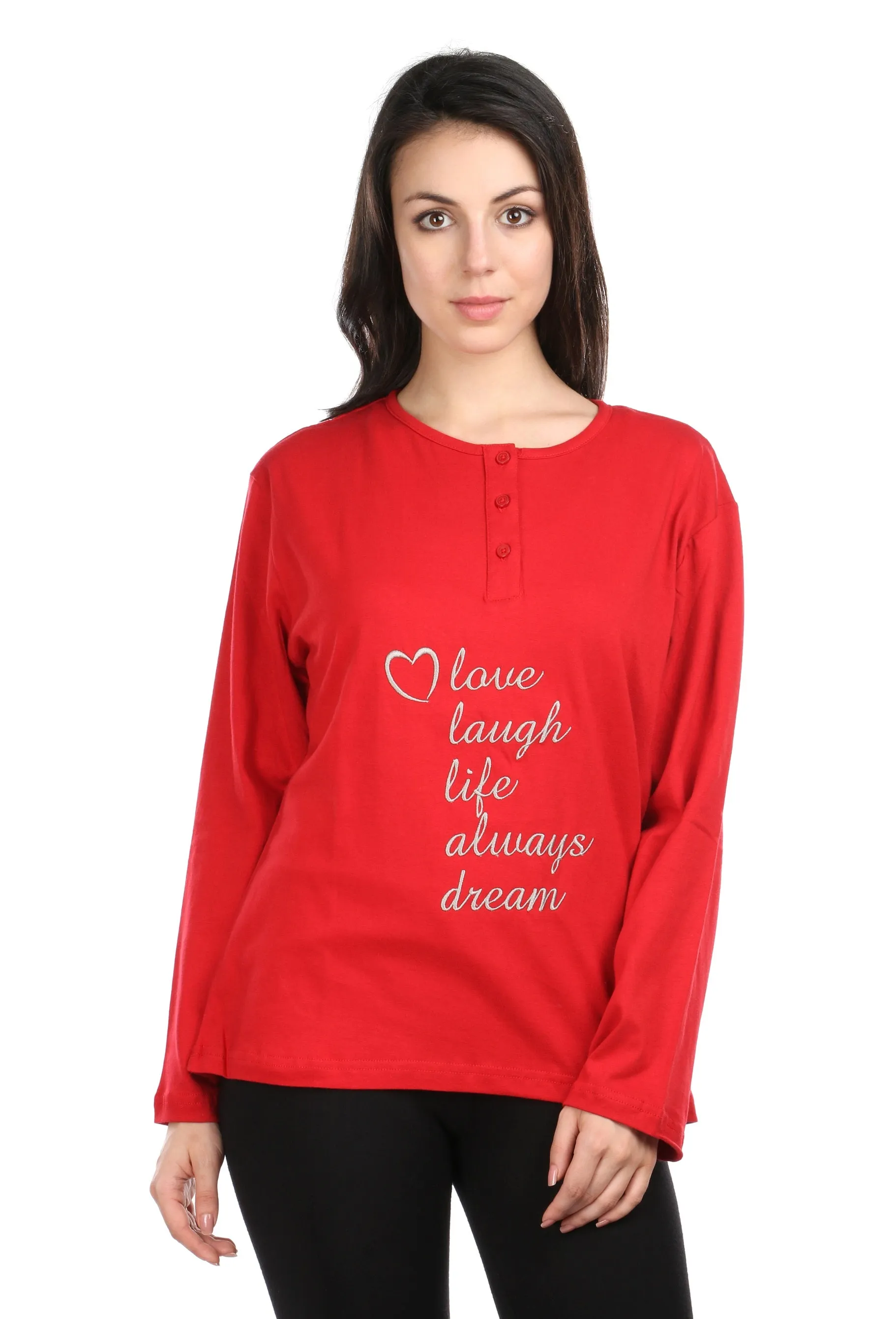 Semantic Women's Cotton T-Shirt - Live Laugh Embroidered (Loose Fit)