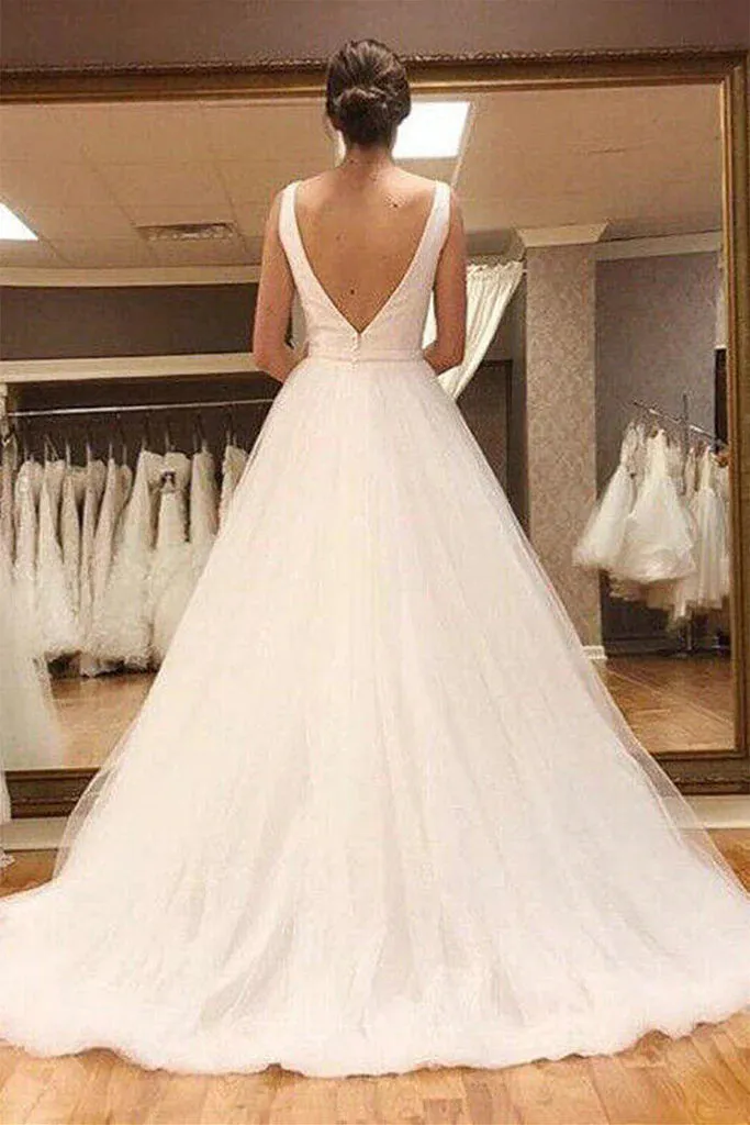 Simple V Neck V Back Off White Tulle Long Bridal Dresses, A Line Wedding Dresses OK1729