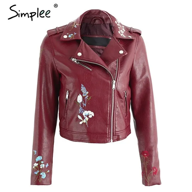 Simplee Embroidery faux leather coat Motorcycle zipper wine red leather jacket women Fashion cool outerwear winter jacket 2019