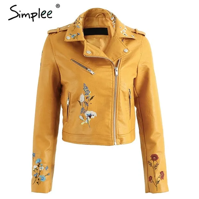 Simplee Embroidery faux leather coat Motorcycle zipper wine red leather jacket women Fashion cool outerwear winter jacket 2019