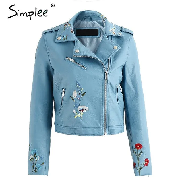 Simplee Embroidery faux leather coat Motorcycle zipper wine red leather jacket women Fashion cool outerwear winter jacket 2019