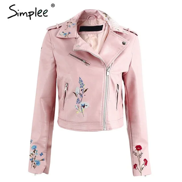 Simplee Embroidery faux leather coat Motorcycle zipper wine red leather jacket women Fashion cool outerwear winter jacket 2019