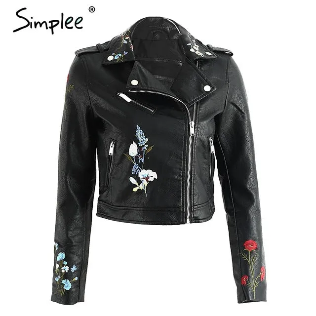 Simplee Embroidery faux leather coat Motorcycle zipper wine red leather jacket women Fashion cool outerwear winter jacket 2019