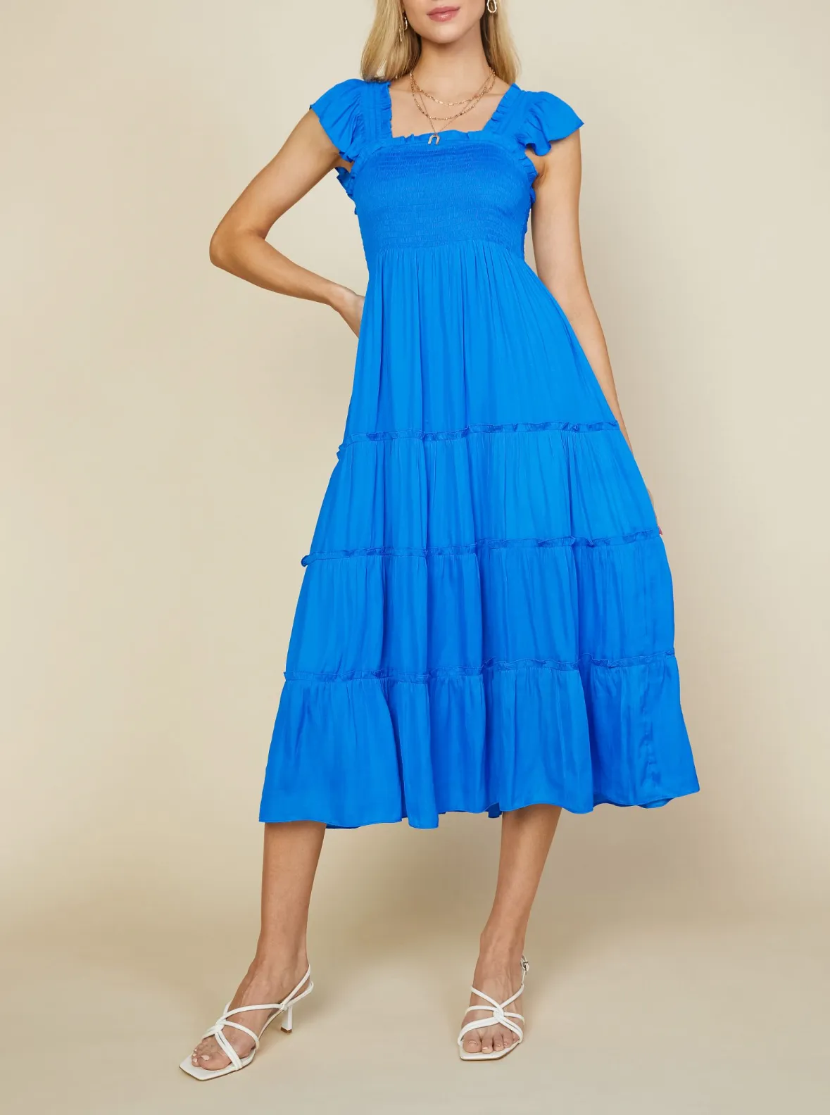 skies are blue: flutter sleeve smocked bodice midi dress - vivid blue