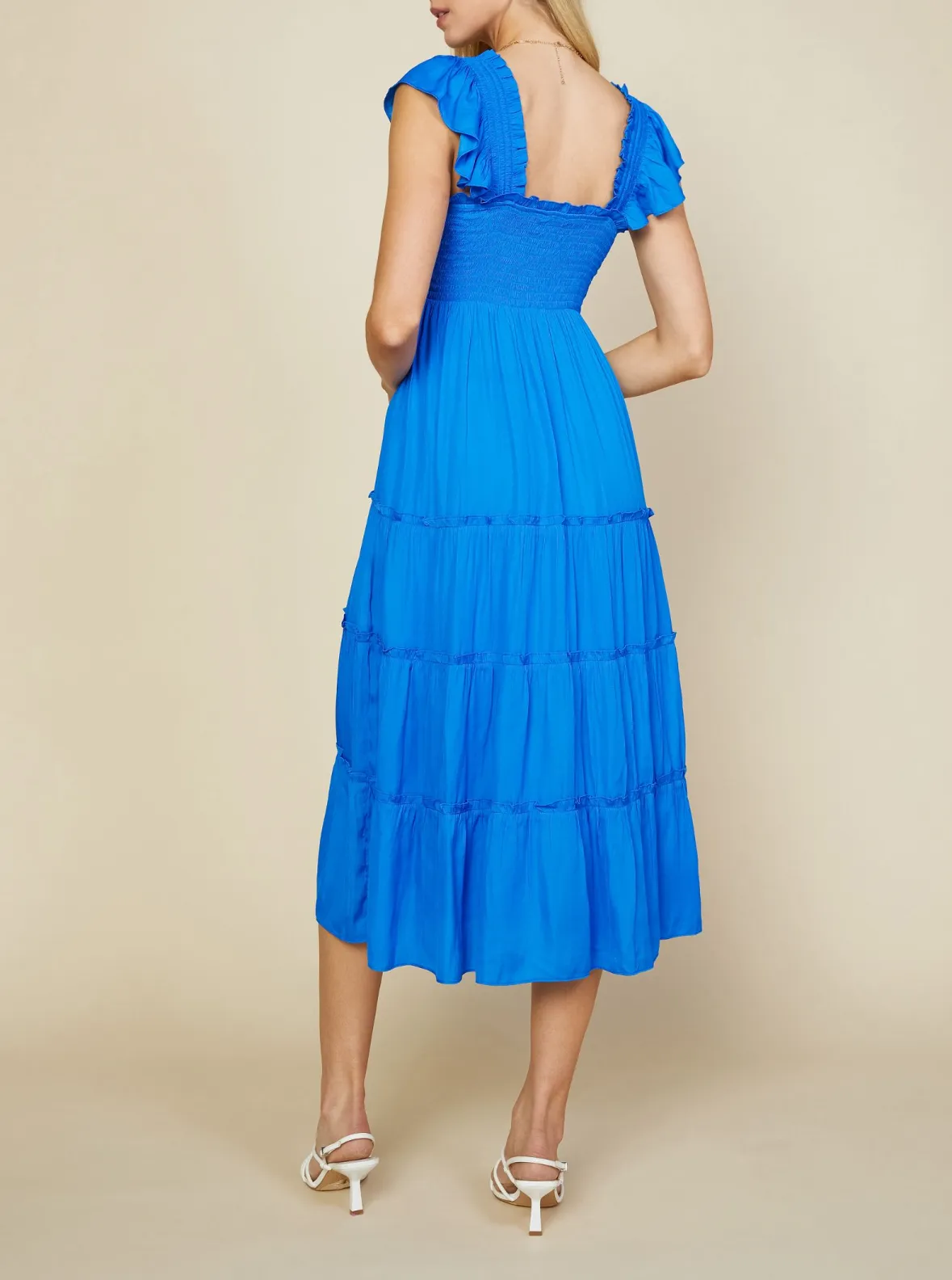 skies are blue: flutter sleeve smocked bodice midi dress - vivid blue