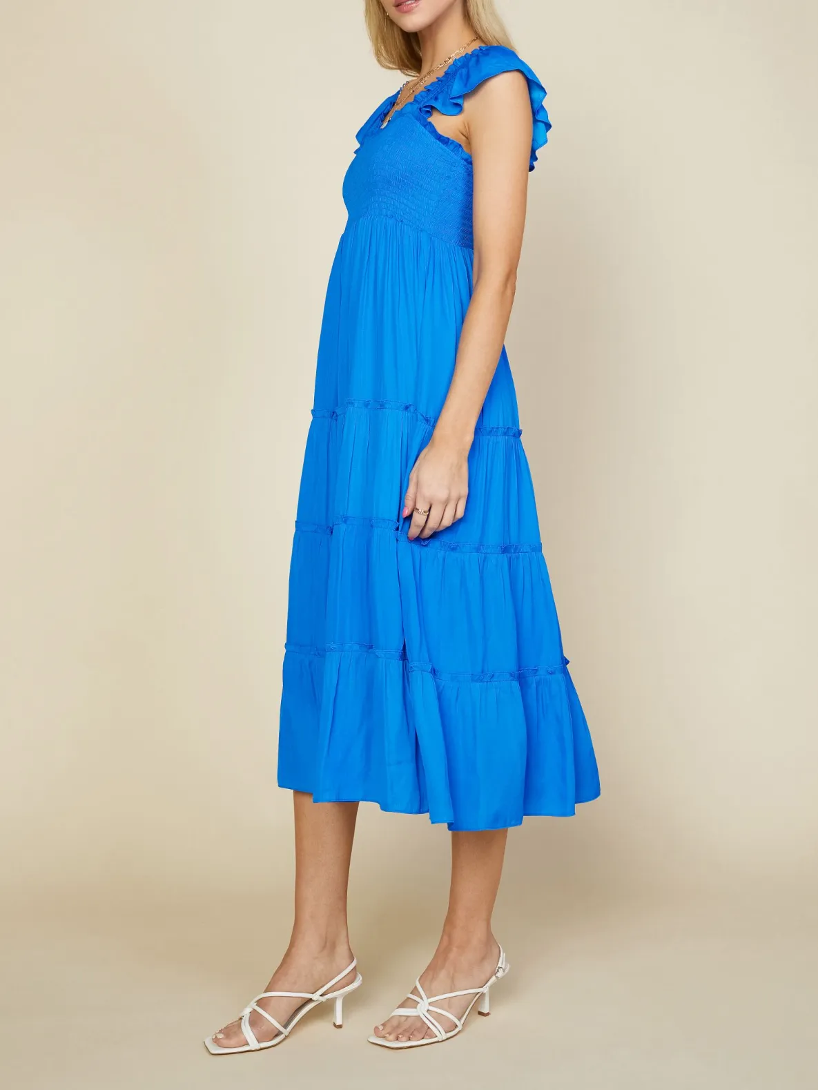 skies are blue: flutter sleeve smocked bodice midi dress - vivid blue