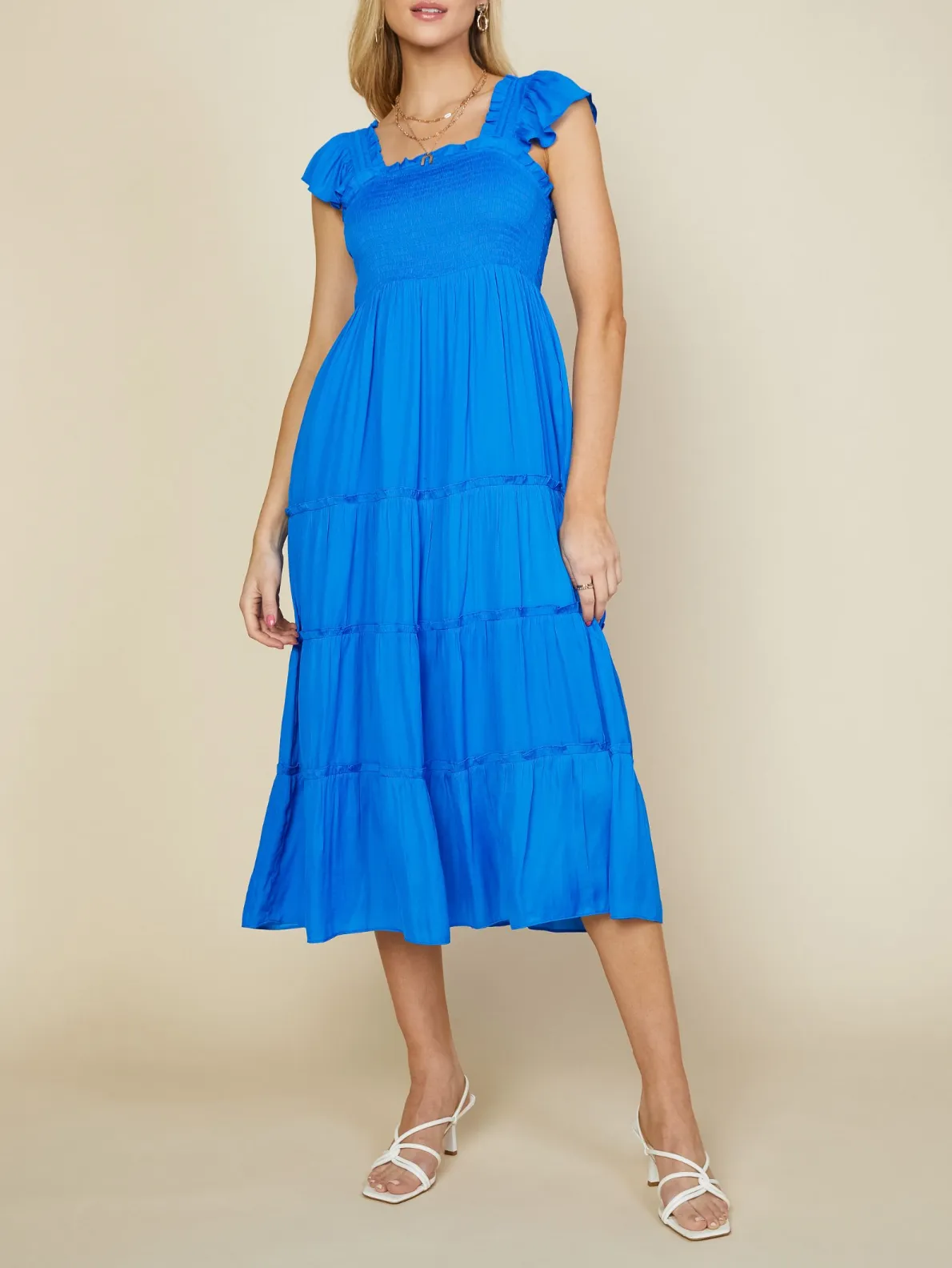 skies are blue: flutter sleeve smocked bodice midi dress - vivid blue