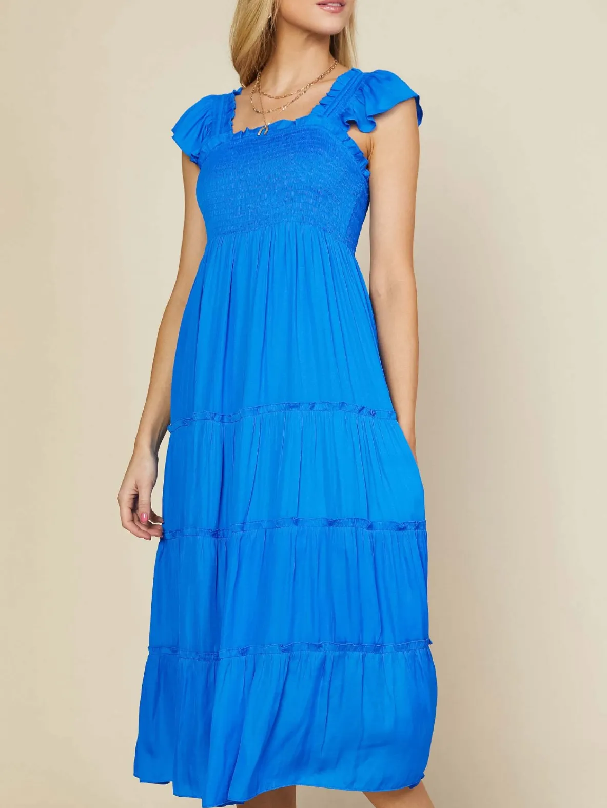 skies are blue: flutter sleeve smocked bodice midi dress - vivid blue