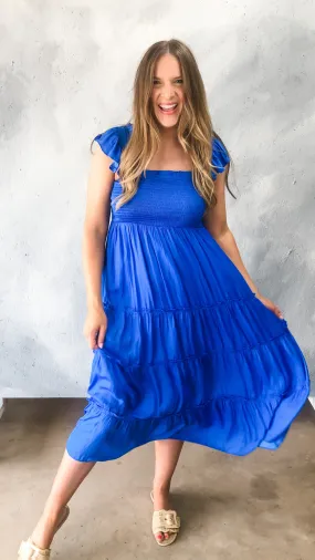 skies are blue: flutter sleeve smocked bodice midi dress - vivid blue