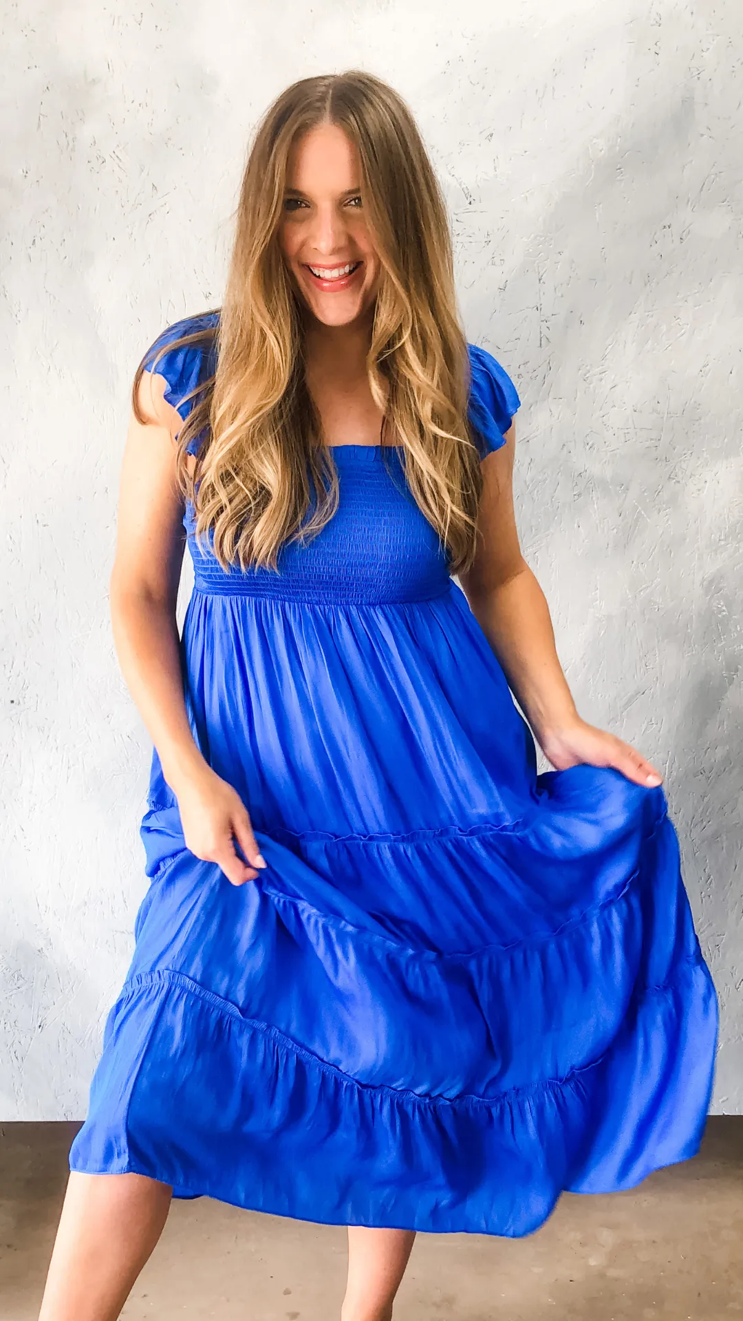 skies are blue: flutter sleeve smocked bodice midi dress - vivid blue