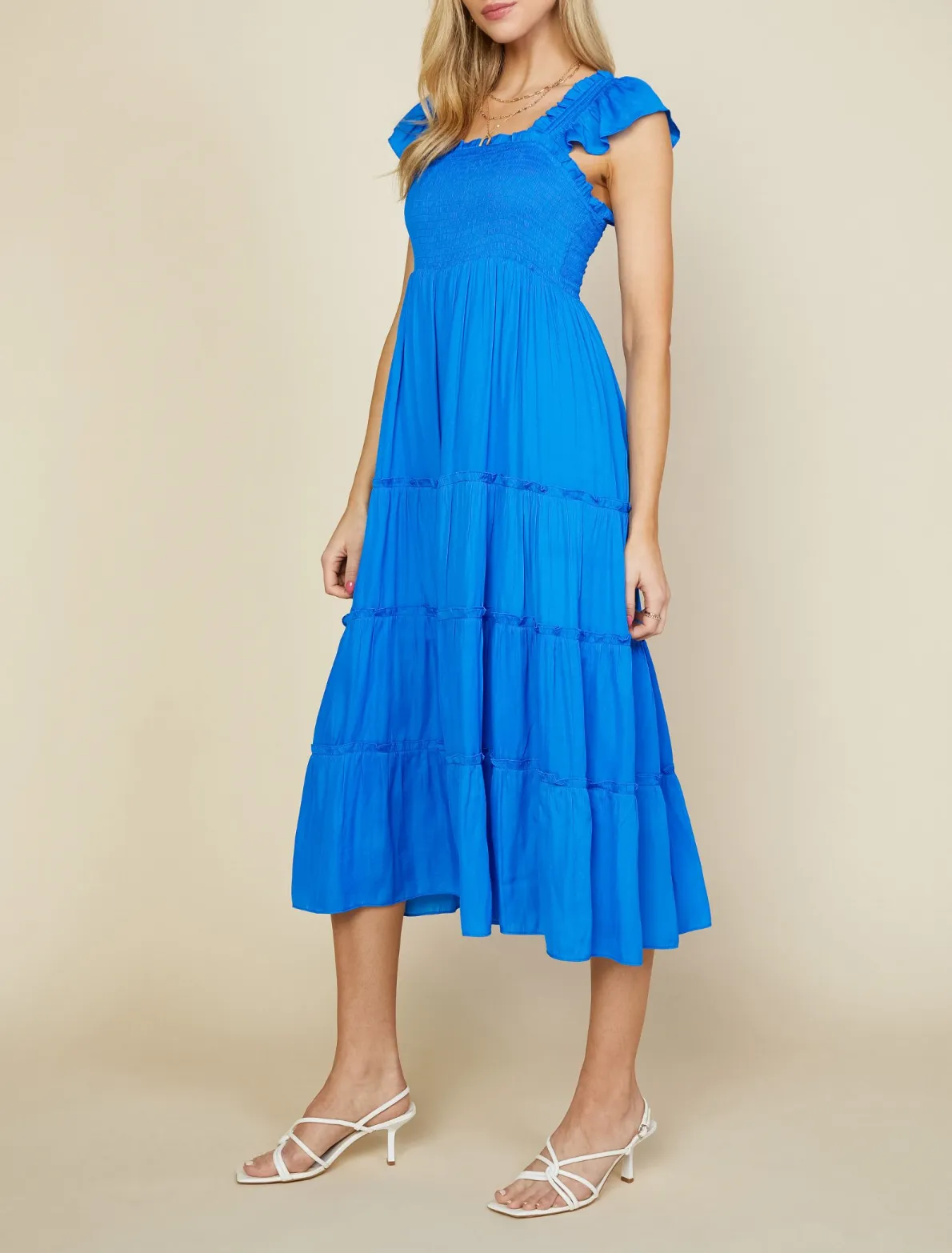 skies are blue: flutter sleeve smocked bodice midi dress - vivid blue