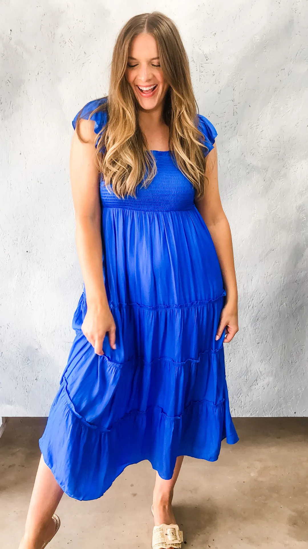 skies are blue: flutter sleeve smocked bodice midi dress - vivid blue