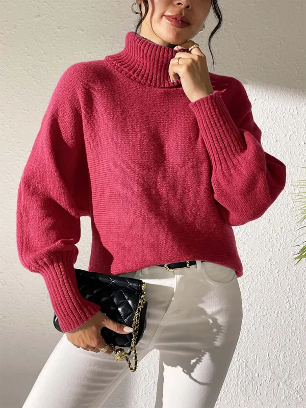 Solid color simple bat sleeve top high collar lapel sweater