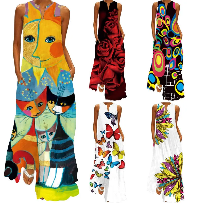 Summer Women's Loose Waist Sleeveless V-neck Vintage Print Dress