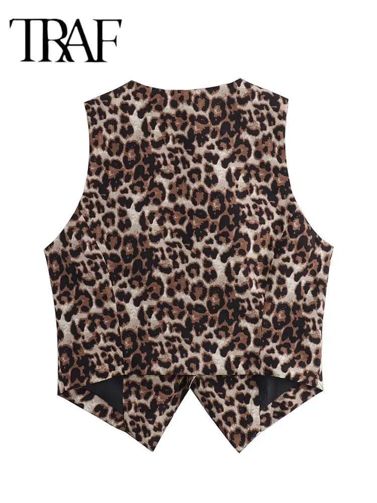 Trendy V Neck Cropped Leopard Casual Vest