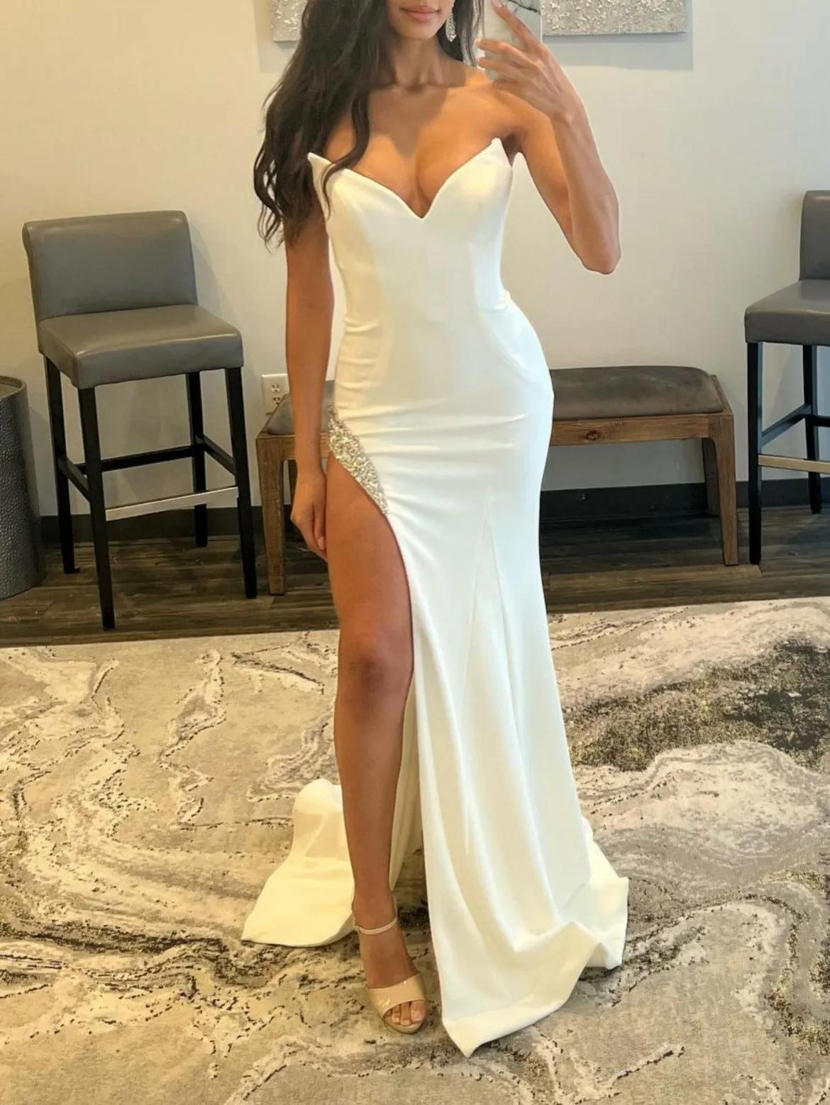 White Strapless V Neck Long Prom Dress With Slit