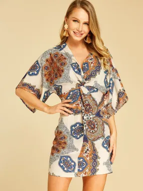 Wholesale Apricot Deep V Neck Half Sleeve Tribal Print Twist Wrap Dresses