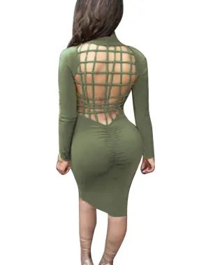 Wholesale Army Green Long Sleeve Midi Dress