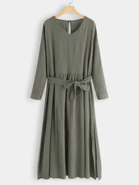 Wholesale Army Green V-Neck Long Sleeve Plain Pleated Belt Self-Tie Slit Hem Dresses