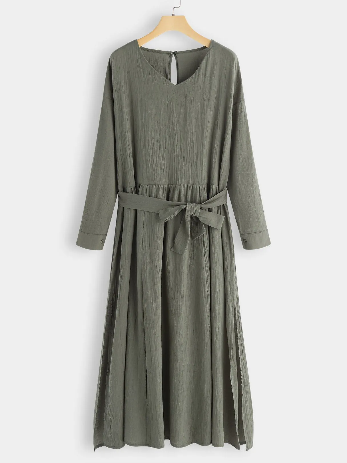 Wholesale Army Green V-Neck Long Sleeve Plain Pleated Belt Self-Tie Slit Hem Dresses