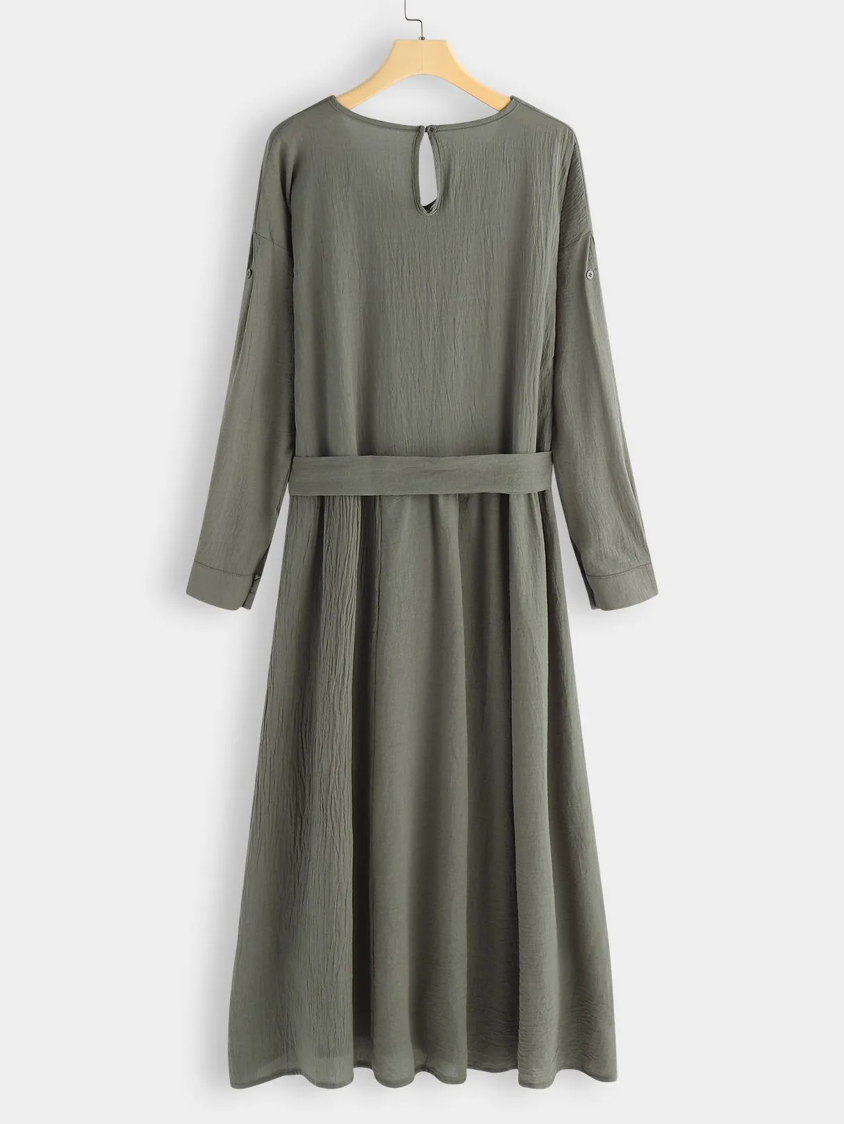 Wholesale Army Green V-Neck Long Sleeve Plain Pleated Belt Self-Tie Slit Hem Dresses