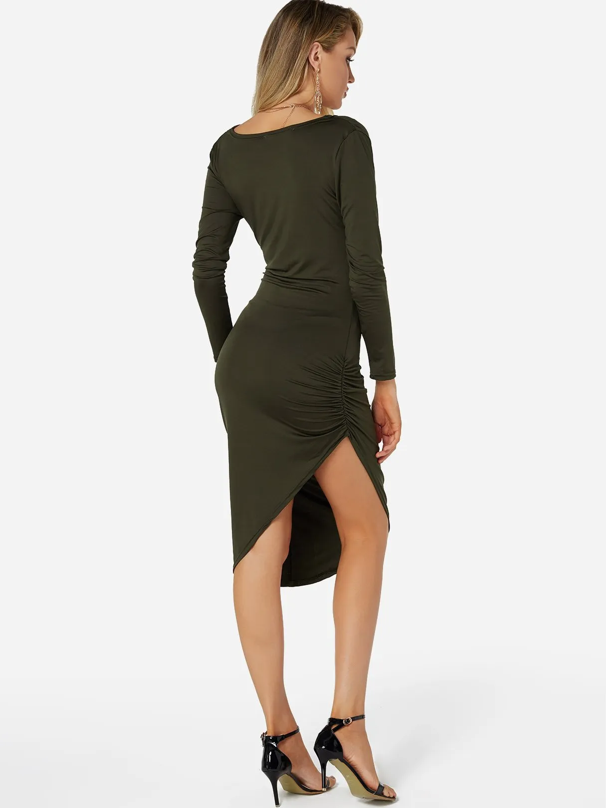 Wholesale Army Green V-Neck Long Sleeve Plain Pleated Slit Irregular Hem Dresses