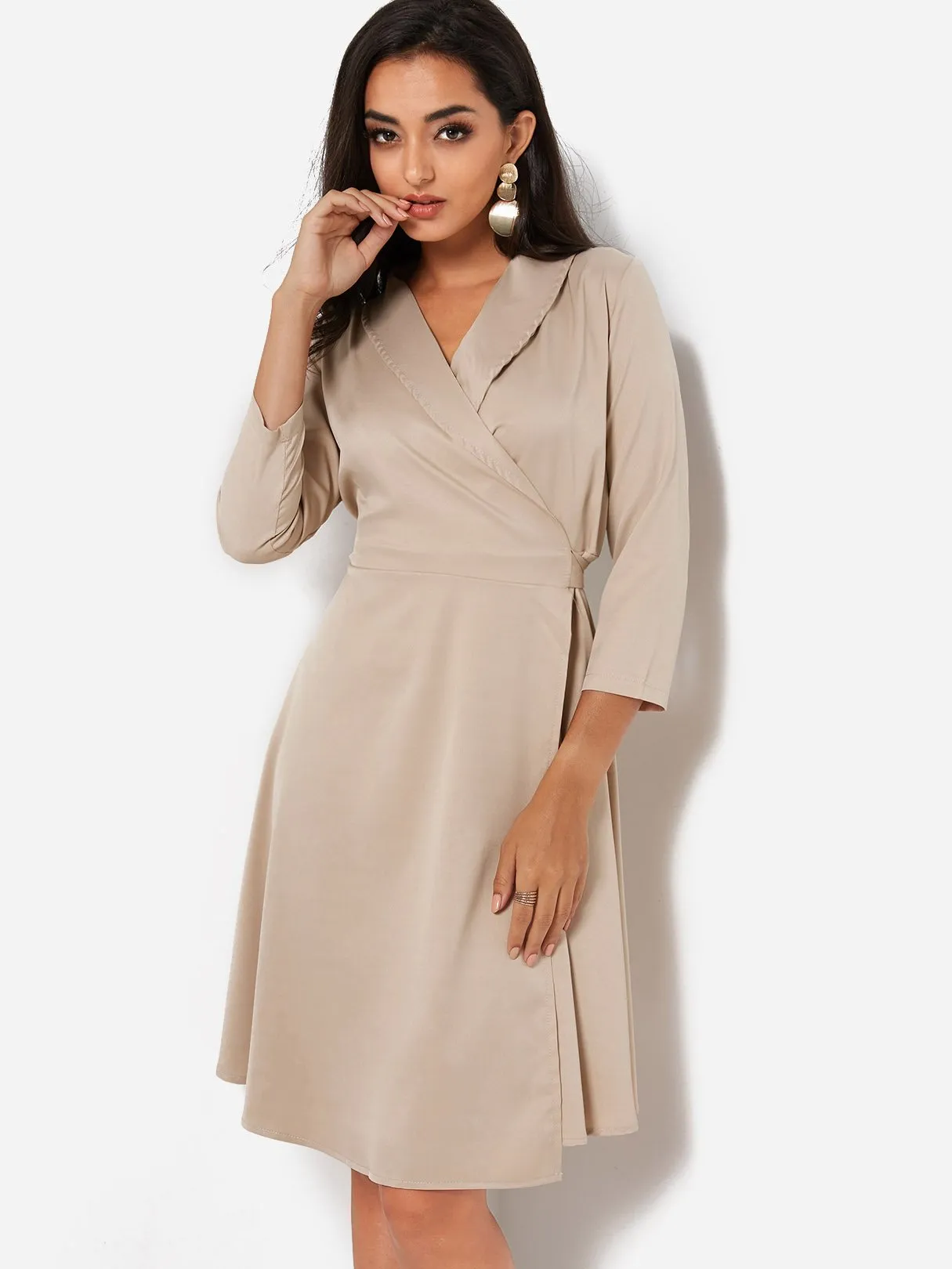 Wholesale Beige V-Neck 3/4 Length Sleeve Lace-Up Wrap Dresses