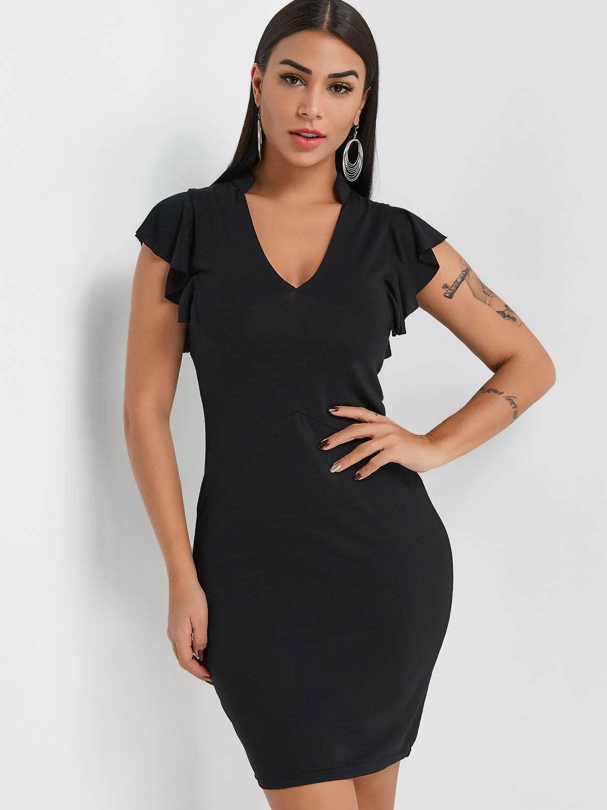 Wholesale Black Deep V Neck Sleeveless Plain Bodycon Dresses